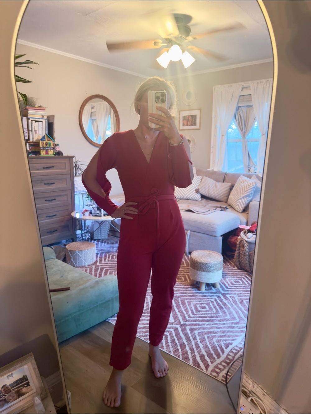 Boohoo Women's Red Long-Sleeve Wrap Jumpsuit Size 4